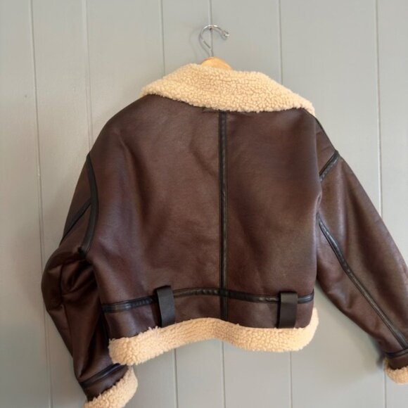 Cropped aviator shearling moto jacket brown faux leather Coat Zara Sz M NO BELT - Picture 6 of 10